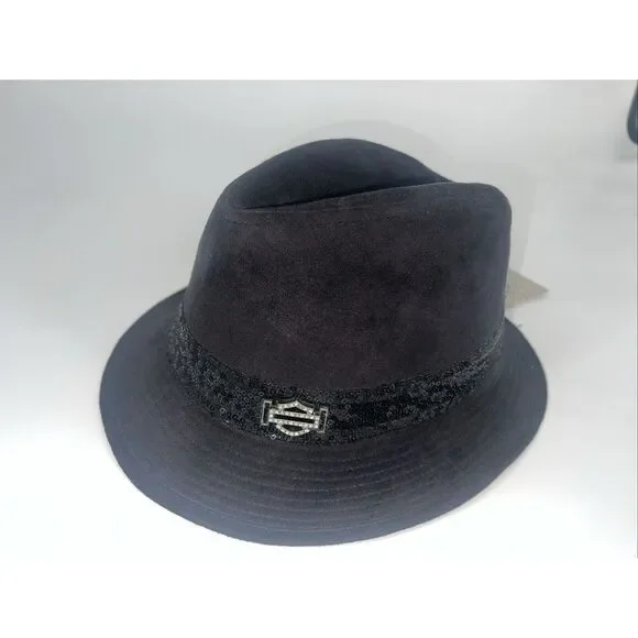 Harley Davidson Black Fedora W/ Sequin Size S 2012 Suede Look‎ NWT